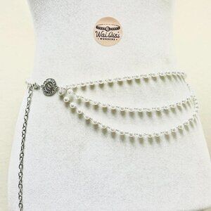 Y2K 2000s style Pearl waist chain belt with silver buckle